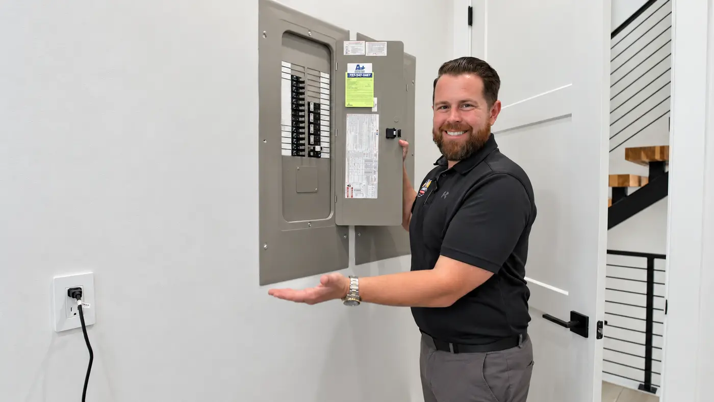 An R.J. Kielty electrician presenting a home’s main breaker panel after an inspection